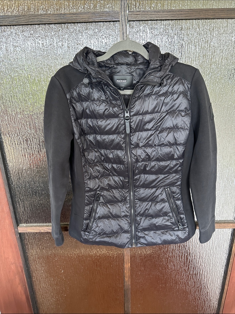 Mackage Women’s Della Hooded Mixed Media Jacket Puffer Hybrid Hooded Jacket Sz L - Picture 10 of 16